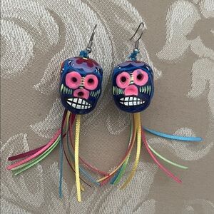 Hand Painted in Los Cabos Colorful Day of the Dead Skull Earrings with Tassels